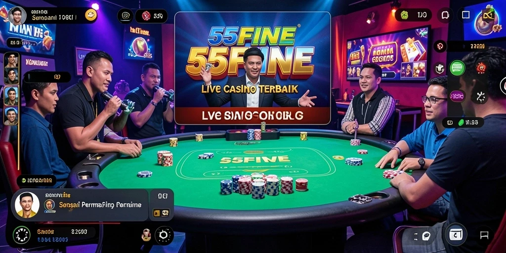 Screenshot gameplay Live Casino di 55FIVE menunjukkan dealer profesional dan suasana kasino yang nyata.