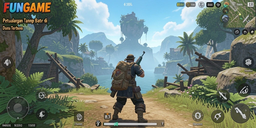 Screenshot menampilkan pemain menjelajahi hutan rimbun di FUNGAME.