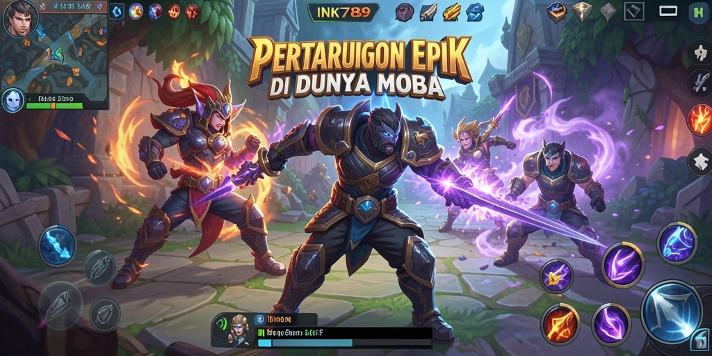 Screenshot gameplay INK789 menampilkan aksi tim yang intens di arena MOBA.