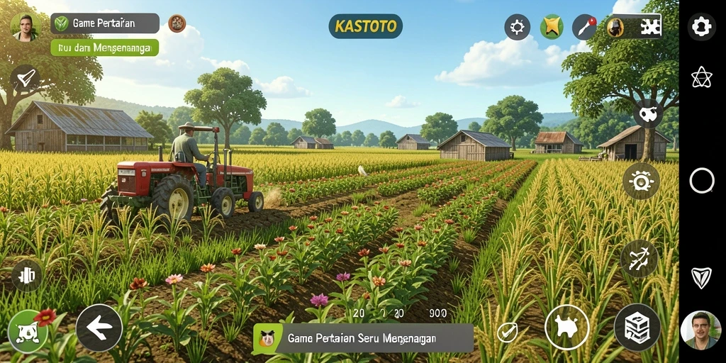 Tampilan gameplay KASTOTO yang menarik dengan pertanian yang subur.