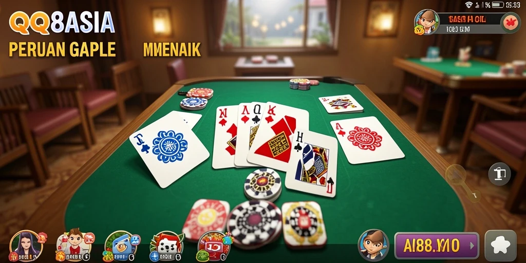 Screenshot gameplay QQ88ASIA menampilkan keseruan bermain Gaple secara online.