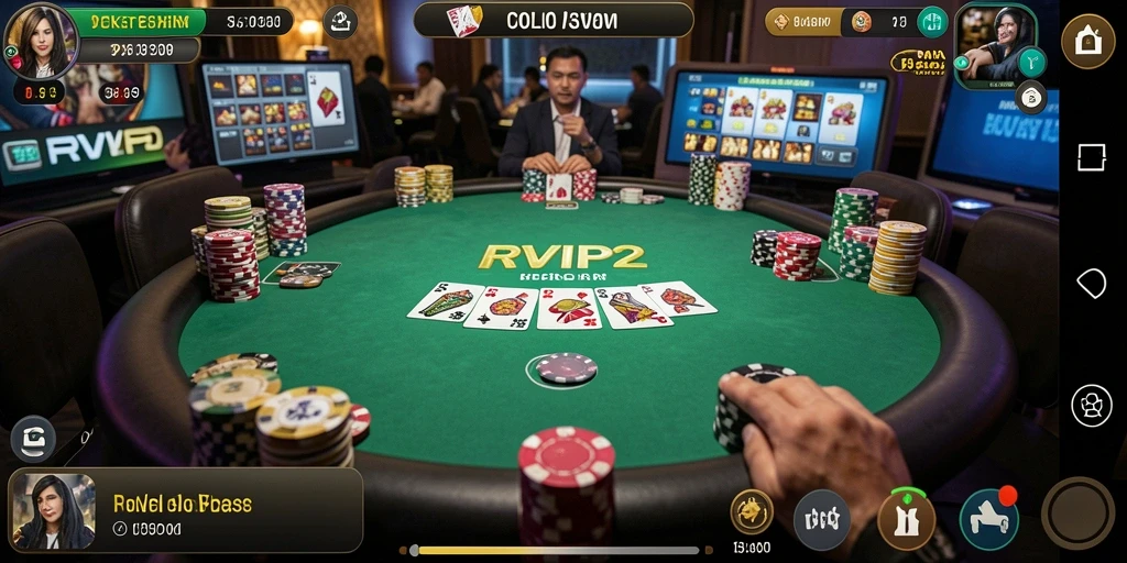 Tangkapan layar utama RVIP2 menampilkan aksi poker yang mendebarkan di meja virtual.