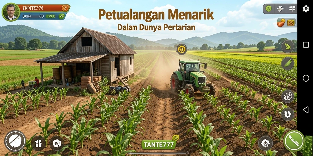 Screenshot TANTE777 menampilkan kebun yang subur dan hewan ternak yang menggemaskan.