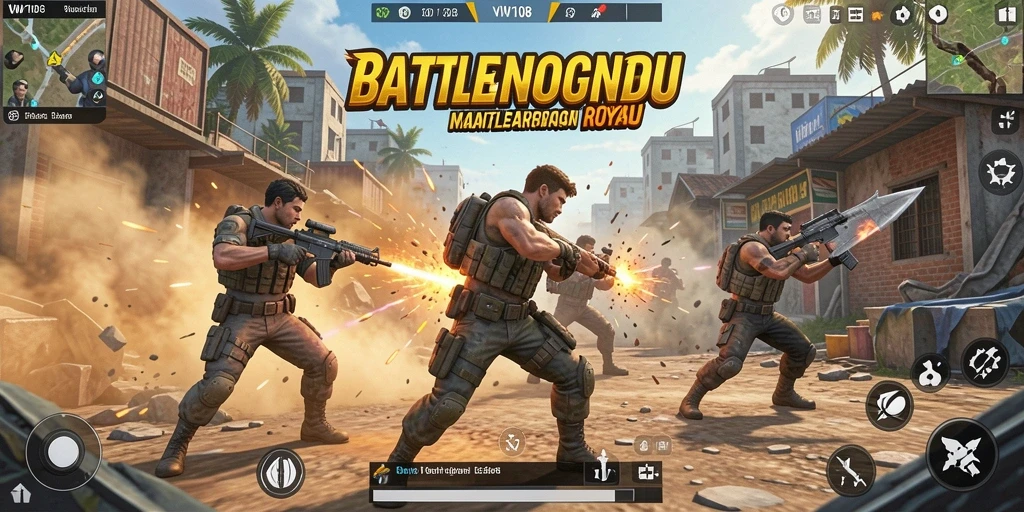 Screenshot utama VW108 menampilkan aksi seru di arena Battle Royale.